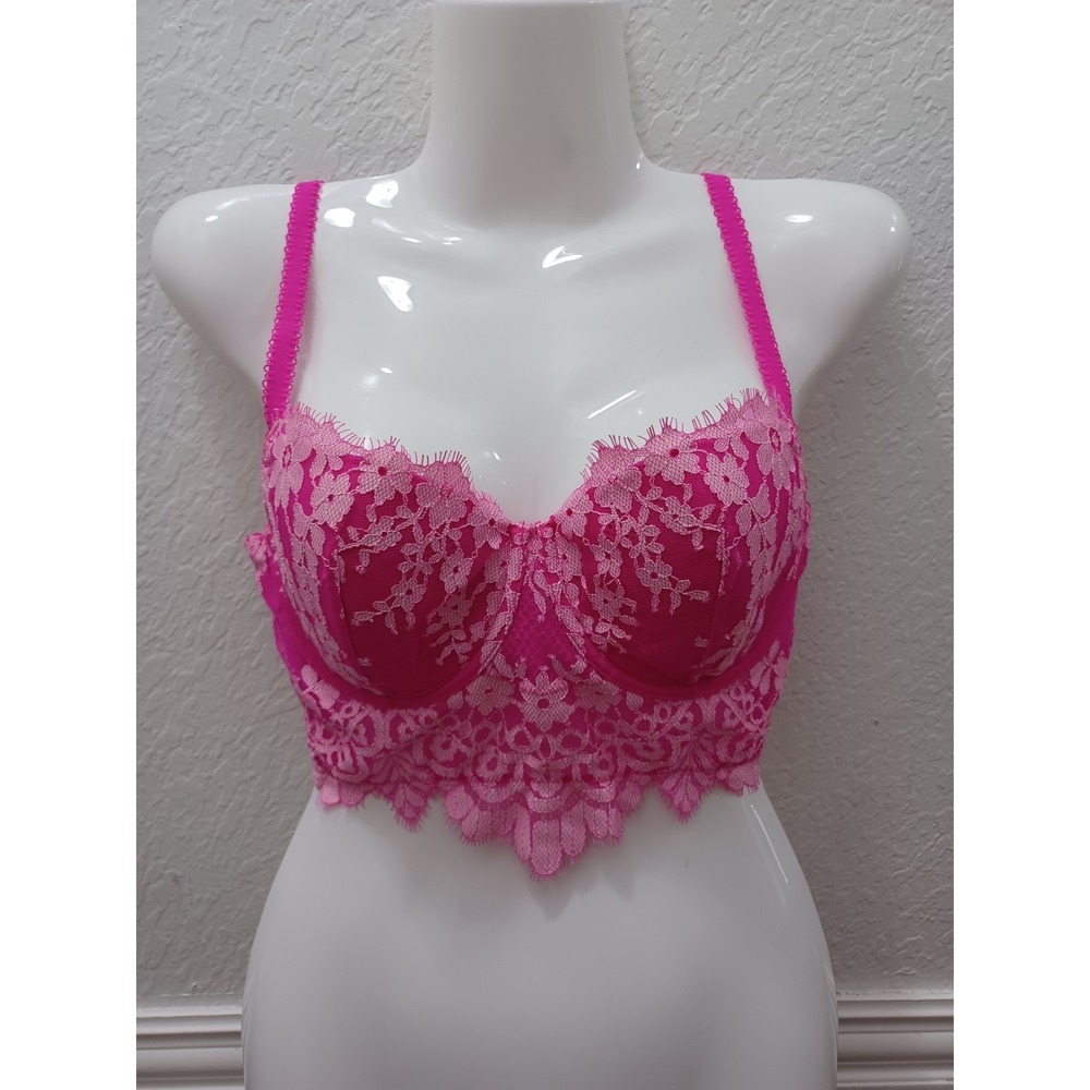 Victoria's Secret Dream Angels Lined Demi Bra Hot Pink Floral Lace Wings  32DD